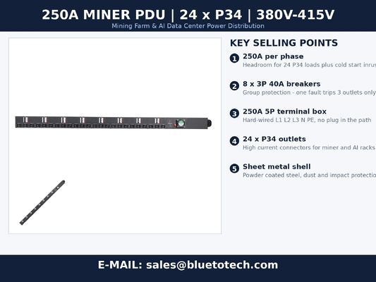 250A Miner PDU Power Distribution Unit with 24 x P34 Outlets, 8 x 3P 40A Breakers and 250A 5P Terminal Box